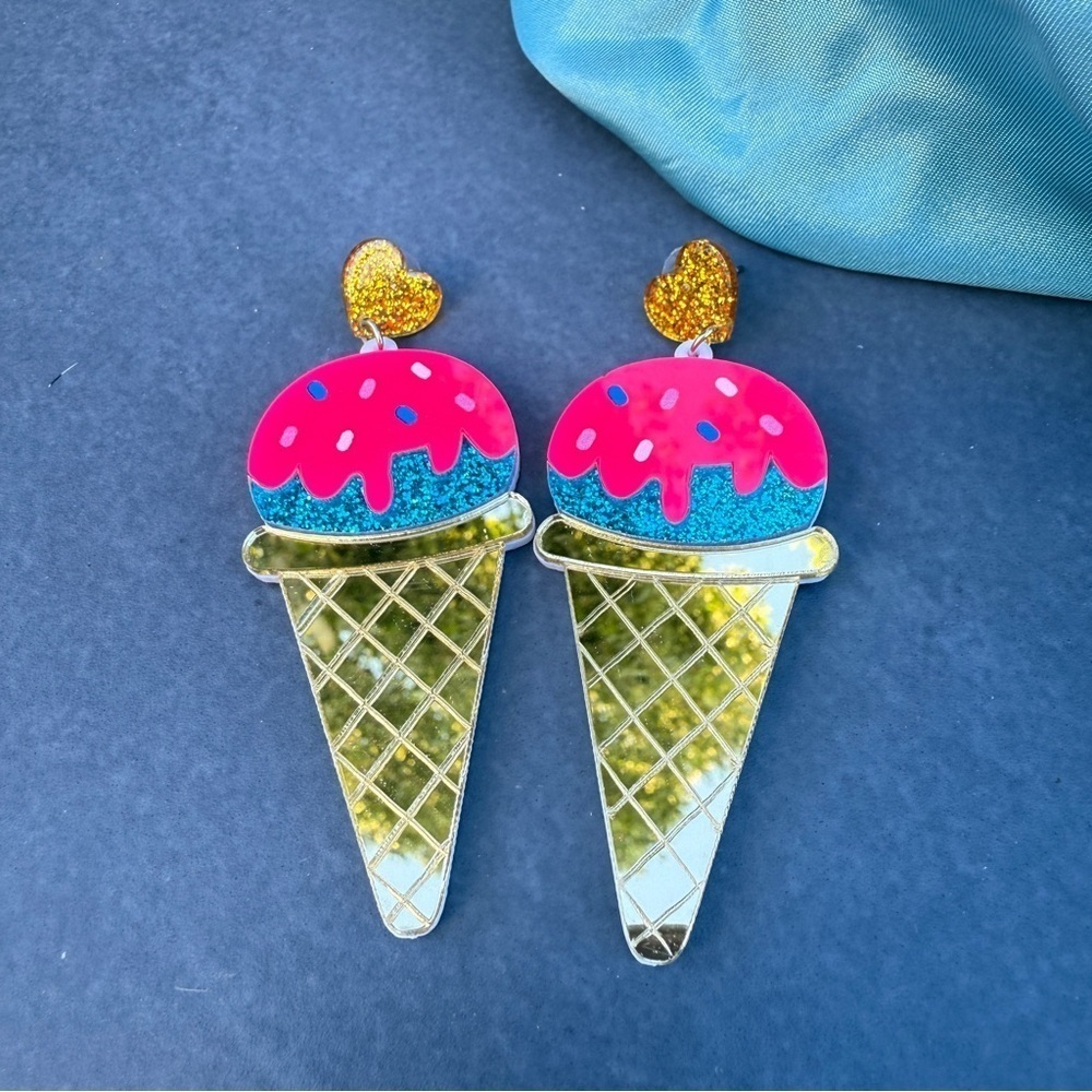 Gold and Pink Ice Cream Cone Acrylic Earrings